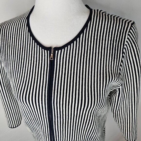 Theory Medium Stripe Blue White Stripe Jacket Asleen Geometric Knit Zip Blazer - Picture 3 of 11